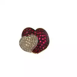 Anello Pavè Doppio Cuore con Rubini e Diamanti in Oro Rosa e Bianco 18kt