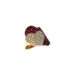 Double Heart ring with Rubies and Diamonds in Rose and White 18kt gold