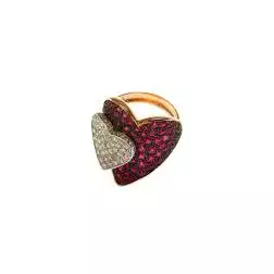 Anello Pavè Doppio Cuore con Rubini e Diamanti in Oro Rosa e Bianco 18kt