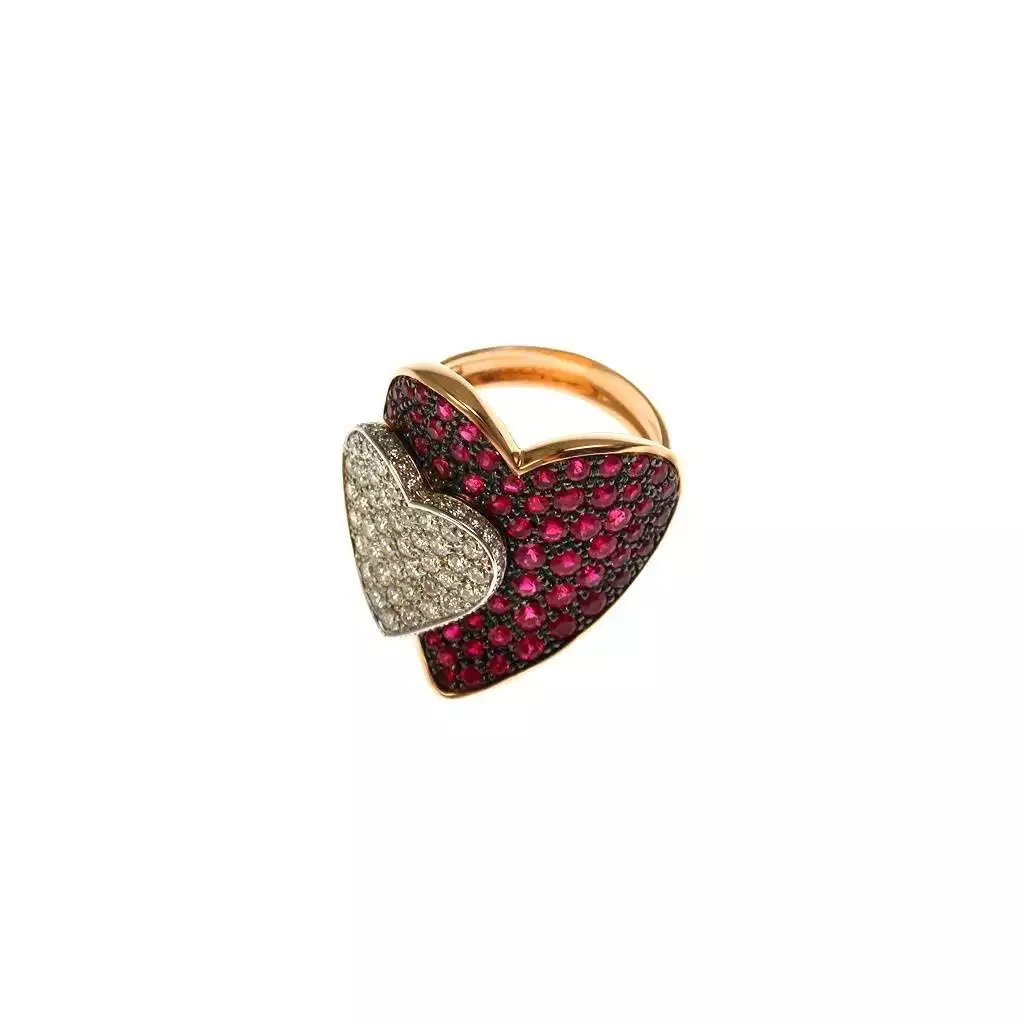 Anello Pavè Doppio Cuore con Rubini e Diamanti in Oro Rosa e Bianco 18kt
