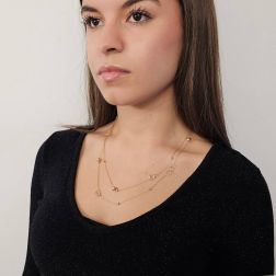 Photo of worn 103 cm long necklace with beads and spheres