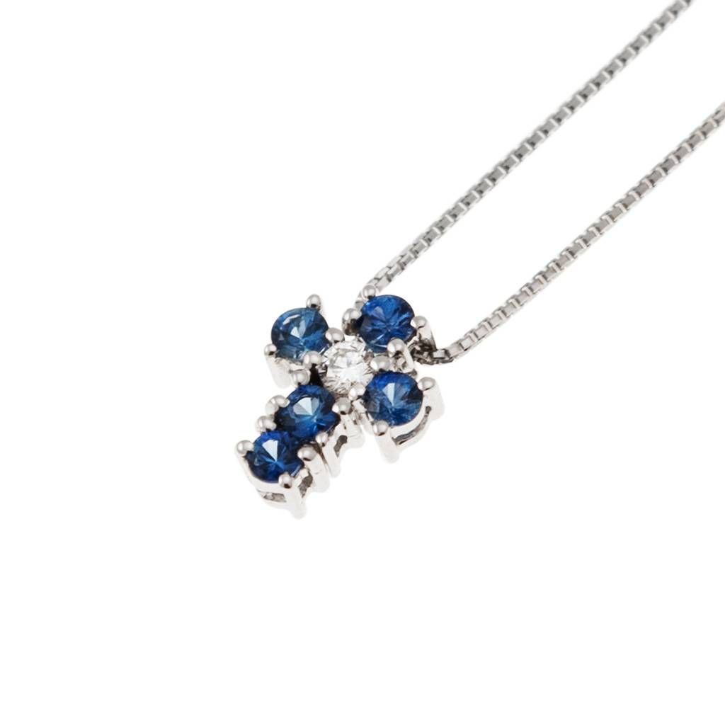 Necklace with Cross 5 Blue Sapphires and 1 Diamond - Width 6.7mm