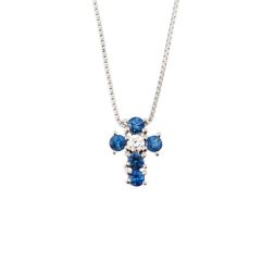 Necklace with Cross 5 Blue Sapphires and 1 Diamond - Width 6.7mm