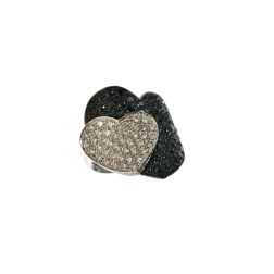 Double Heart ring with Black and White Diamonds in White 18kt gold