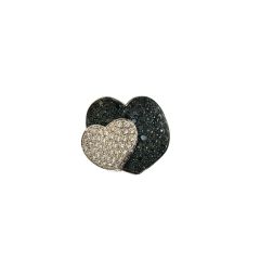 Double Heart ring with Black and White Diamonds in White 18kt gold