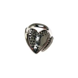 Double Heart ring with Black and White Diamonds in White 18kt gold