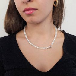 Photo of worn 7mm Akoya Pearl Necklace Hollow Lobster Clasp with Diamonds in White Gold