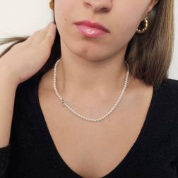 Photo of worn 4mm Akoya Pearl Necklace Lobster Clasp with Diamonds in White Gold