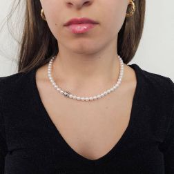 Photo of worn 6.5mm Akoya Pearl Necklace with Sphere Clasp and 18 Diamonds in White Gold