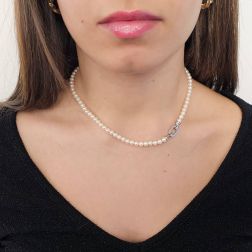 Photo of worn 4.5mm Akoya Pearl Necklace Octagonal Clasp in White Gold