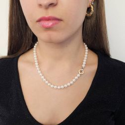 Photo of worn 7mm Akoya Pearl Necklace with Flower Clasp in White and Rose Gold