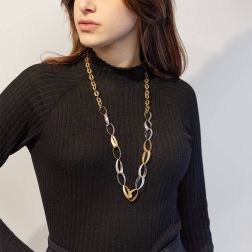 Photo of worn Long Necklace 82cm Rolò Ovals and Drops without clasp in White and Yellow Gold