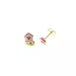 House with Heart Earrings glazed white and pink in 18kt yellow gold