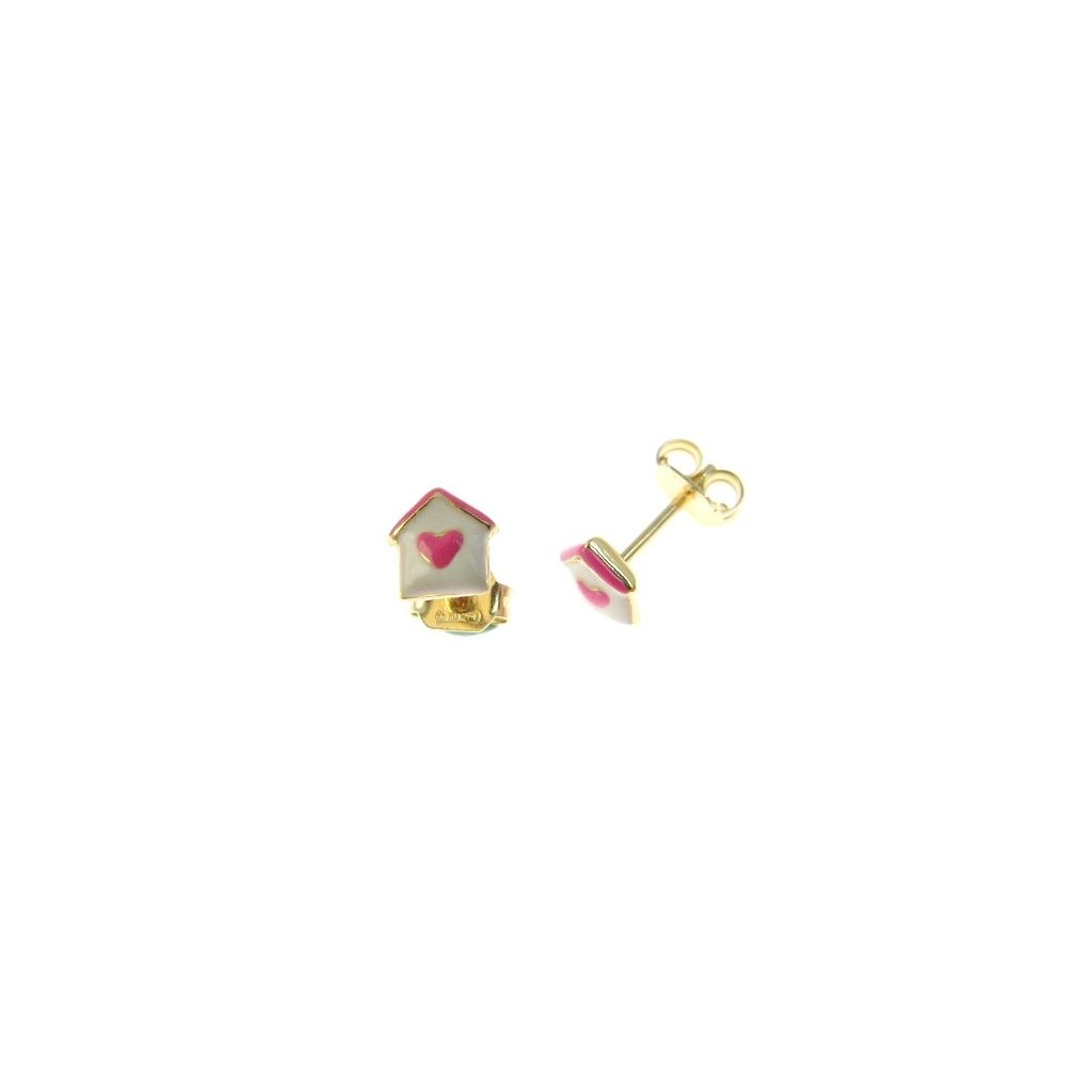 Orecchini Casetta con Cuoricino smaltati rosa e bianco in oro giallo