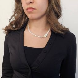 Photo of worn Akoya Pearl Necklace with Interlocking Clasp and Diamond Strips