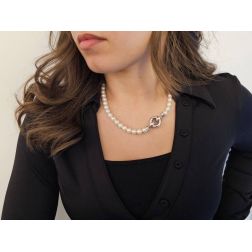 Photo of worn Akoya Pearl Necklace with Ring Closure and White Gold Hooks