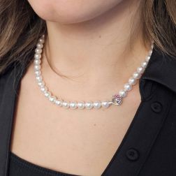 Photo of worn Akoya Pearl Necklace Round Hook Clasp with Rubies and Diamonds