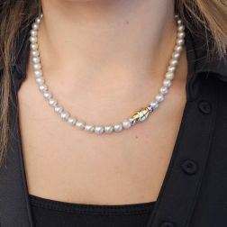 Photo of worn Akoya Gray Pearl Necklace with Oval Box Clasp in Two Golds