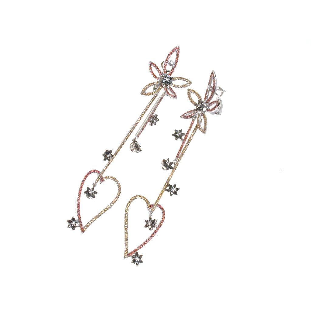 Orecchini Pendenti Fiori e Cuore Zaffiri e Diamanti in Oro Bianco 18kt