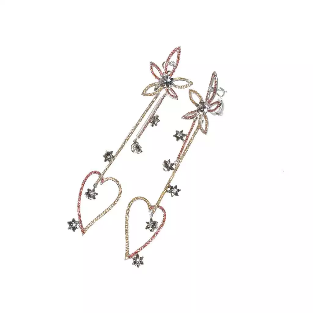 White Gold Sapphire and Diamond Flower and Heart Pendant Earrings