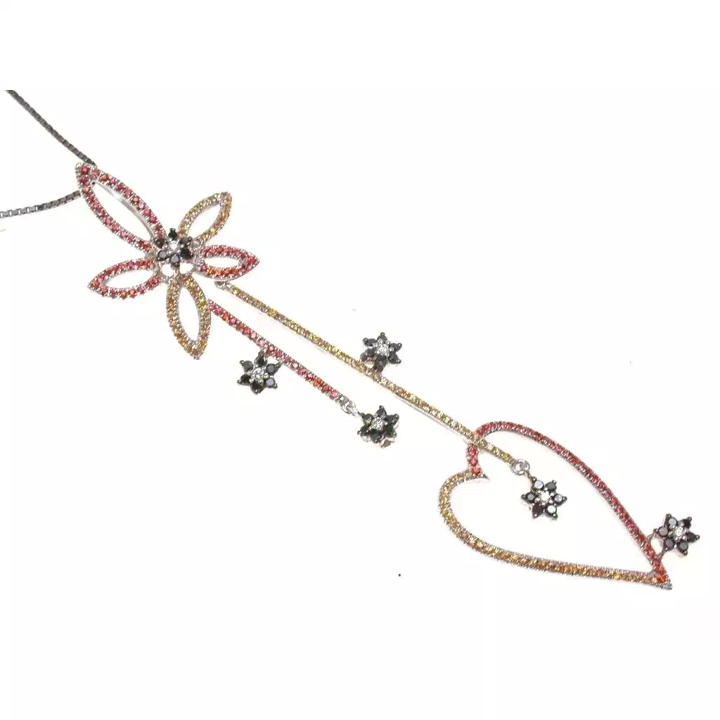Ciondolo Fiori e Cuore Zaffiri e Diamanti in Oro Bianco 18kt