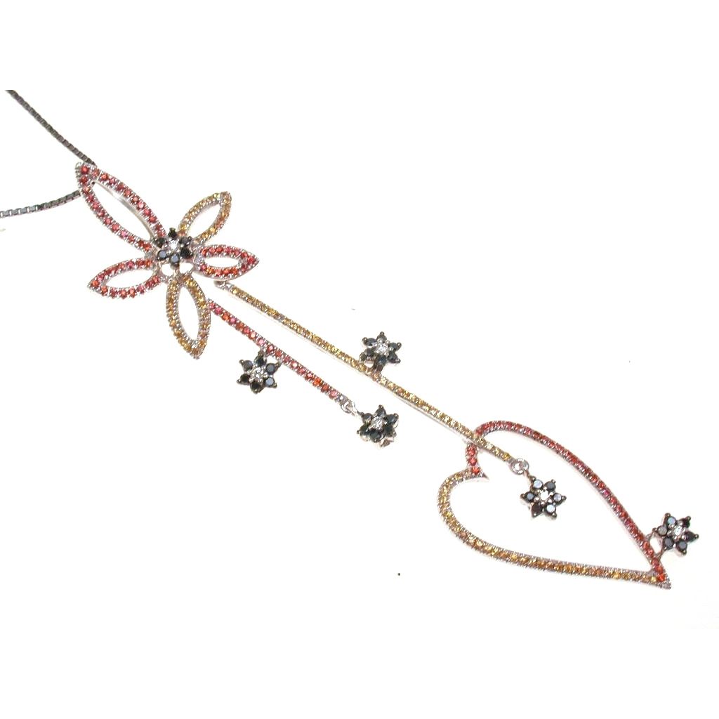 Pendant Flowers and Heart Sapphires and Diamonds in White Gold