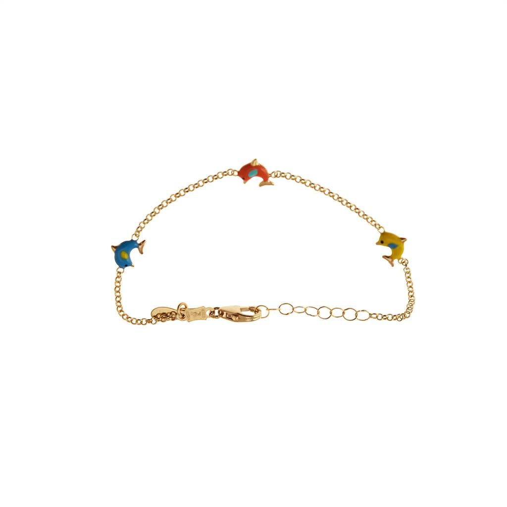 Yellow Gold Baby Bracelet with Enameled Dolphins