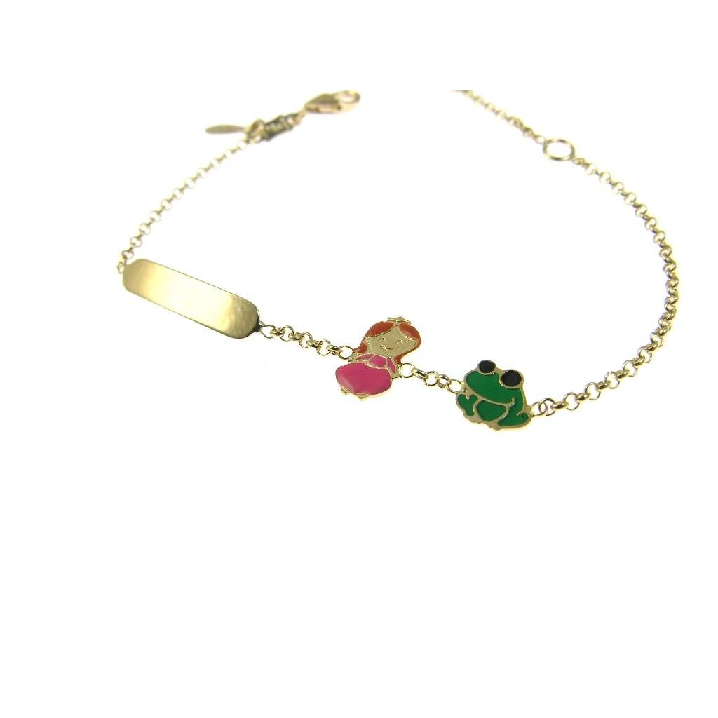 Baby Bracelet with Plaque, Princess and Frog Enameled in Yellow Gold
