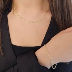 Photo of worn 40cm Infinity Link Necklace with Yellow Gold Striped Thread