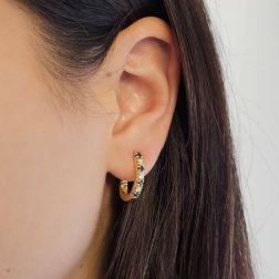Photo of worn Square drop Hoops with Blue Sapphires and Diamonds in Yellow Gold