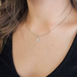 Photo of worn Initial Letter "B" Pendant with Diamonds in 18kt White Gold