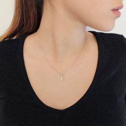 Photo of worn Initial Letter "L" Pendant with Diamonds in 18kt White Gold