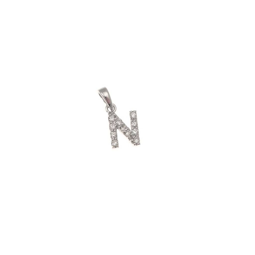 Ciondolo Lettera Iniziale "N" con Diamanti in Oro Bianco 18kt