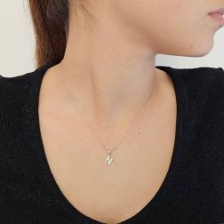 Photo of worn Initial Letter "N" Pendant with Diamonds in 18kt White Gold