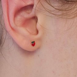 Photo of worn Strawberry stud Earrings Ennamelled