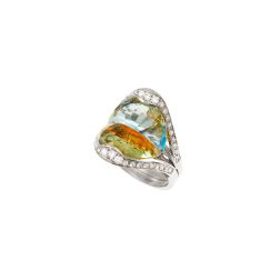 Anello Design "Sogno di Mezza Estate" Oro Bianco con Topazio Citrino e Azzurro e Diamanti