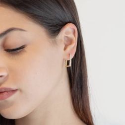 Photo of worn Rectangular Yellow Gold hoops with Zircons