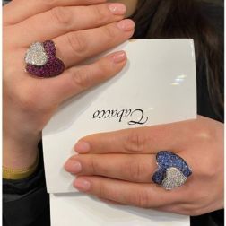 Photo of worn Double Heart ring with Rubies and Diamonds in Rose and White 18kt gold