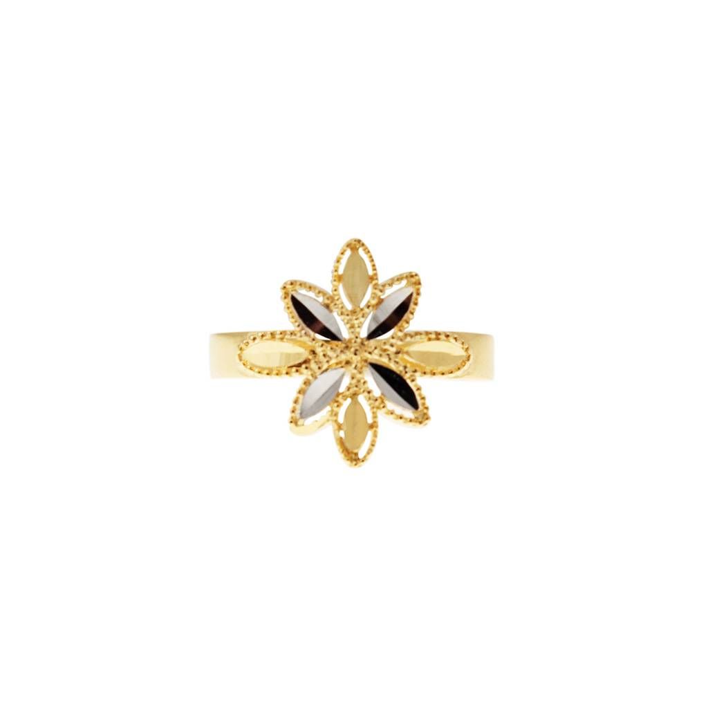 Anello con fiore sfaccettato in Oro Giallo e Bianco