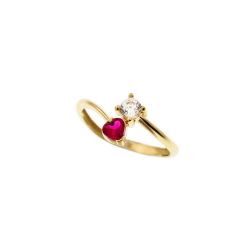 Contrariè ring with 2 zircons, coloured heart, in yellow gold