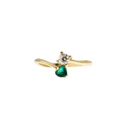 Contrariè ring with 2 zircons, coloured heart, in yellow gold
