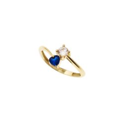 Anello contrariè 2 zirconi, cuore colorato, in Oro Giallo