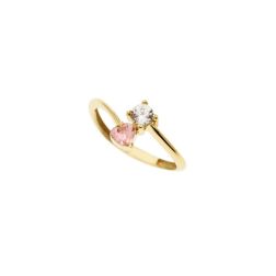 Anello contrariè 2 zirconi, cuore colorato, in Oro Giallo