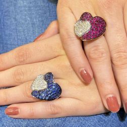 Photo of worn Double Heart ring with Rubies and Diamonds in Rose and White 18kt gold