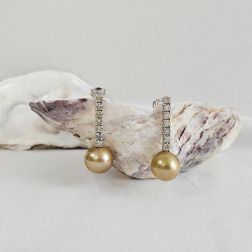 Pendant Earrings with Gold Pearl and Brown Diamonds
