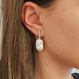 photo of worn Tennis-style drop earrings with Fresh Water Baroque Pearls and 14 Diamonds
