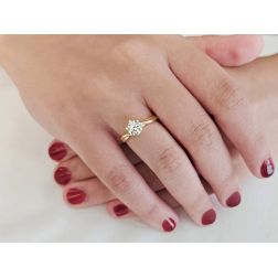 photo of worn Vine Solitaire Ring with Round Zircon in Yellow Gold