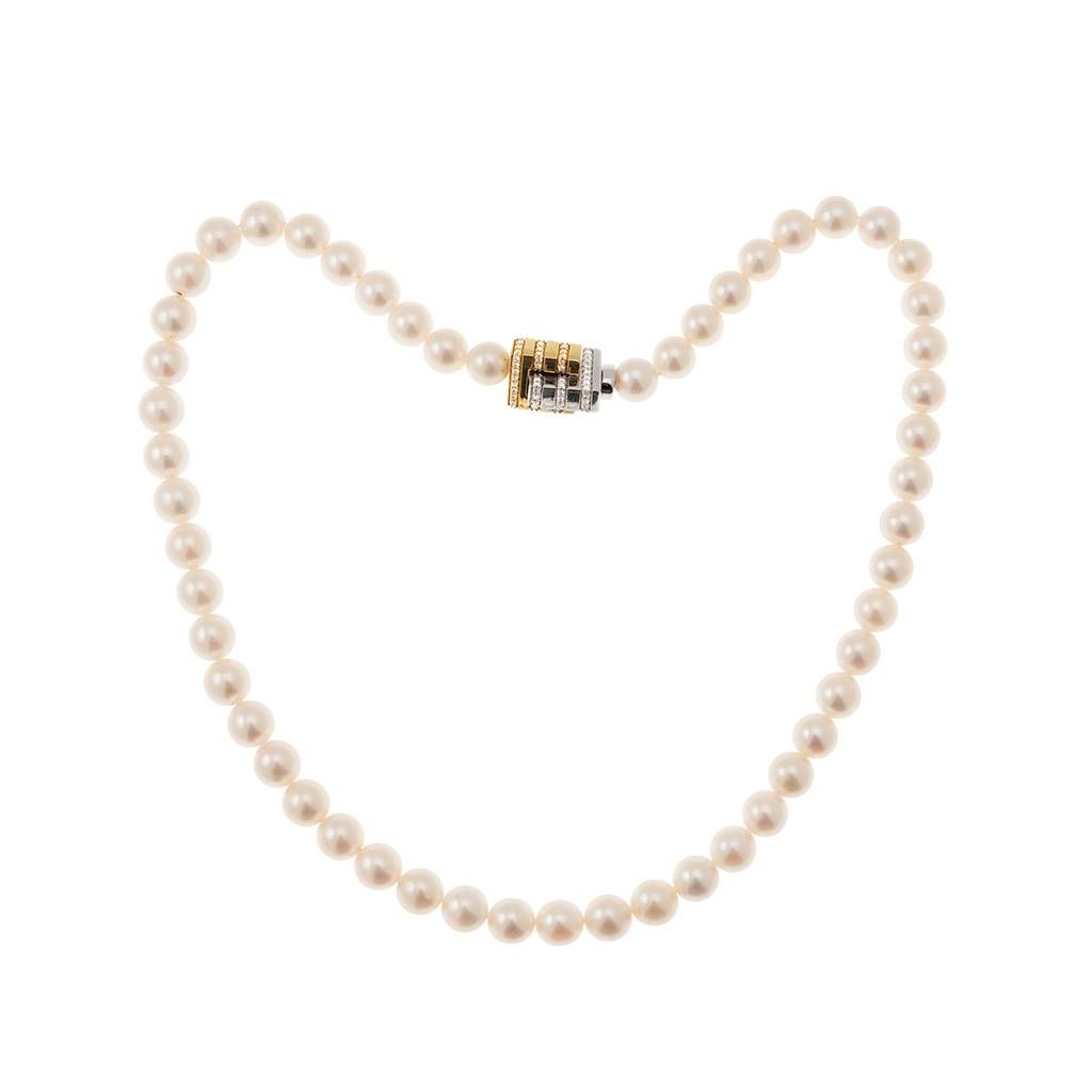 Akoya Pearl Necklace with Interlocking Clasp and Diamond Strips