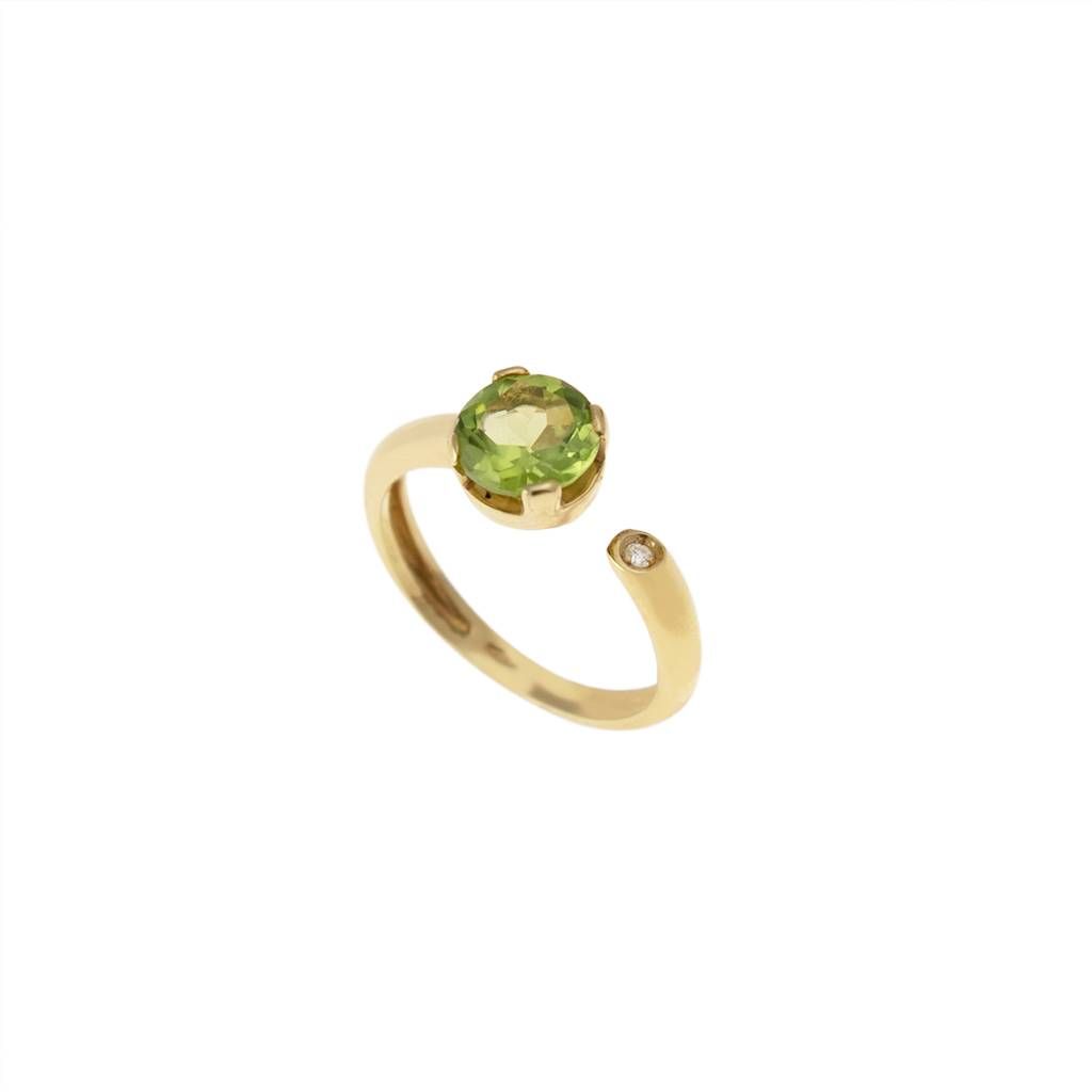 Anello Solitario Aperto con Peridoto Rotondo 7mm e Diamante Oro Giallo