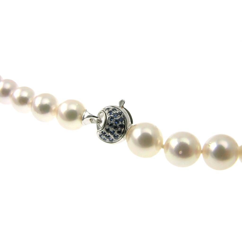 Akoya Pearl Necklace Round Hook Clasp with Blue Sapphires and Diamonds